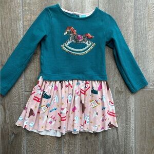 Mini Boden Teal and Pink Sequined Rocking Horse Long Sleeved Dress Sz 3-4Y